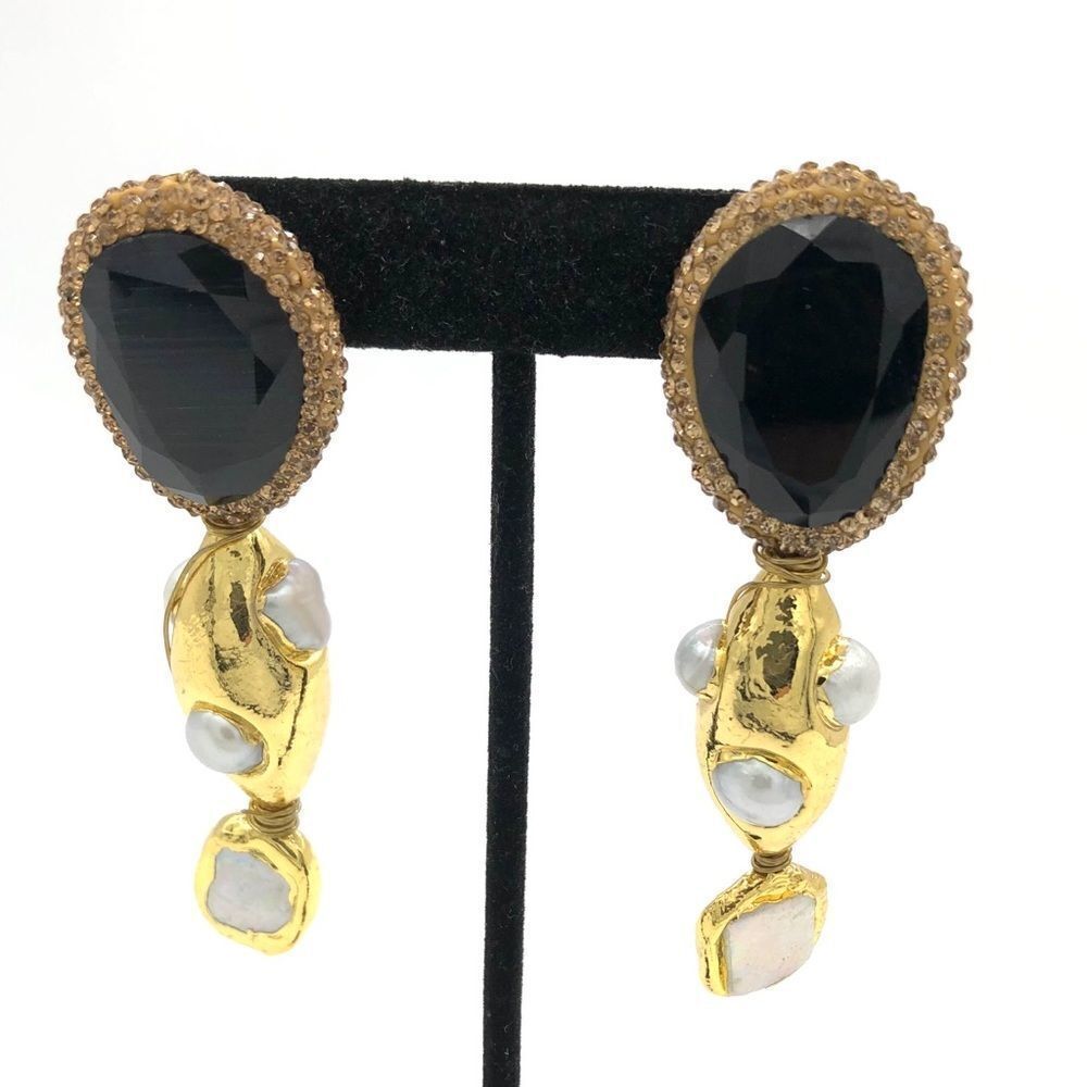 💝Dangle Earrings w/ simulated Onyx&Motherof Pearl - Picture 3 of 3